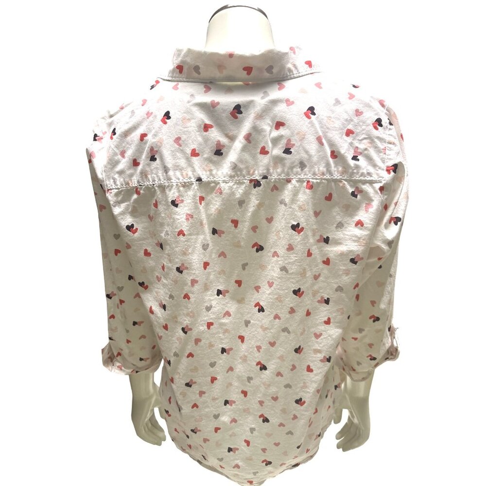 Christopher & Banks Petite Medium White Button Up Shirt Pink Red Heart Print Top - Picture 4 of 10